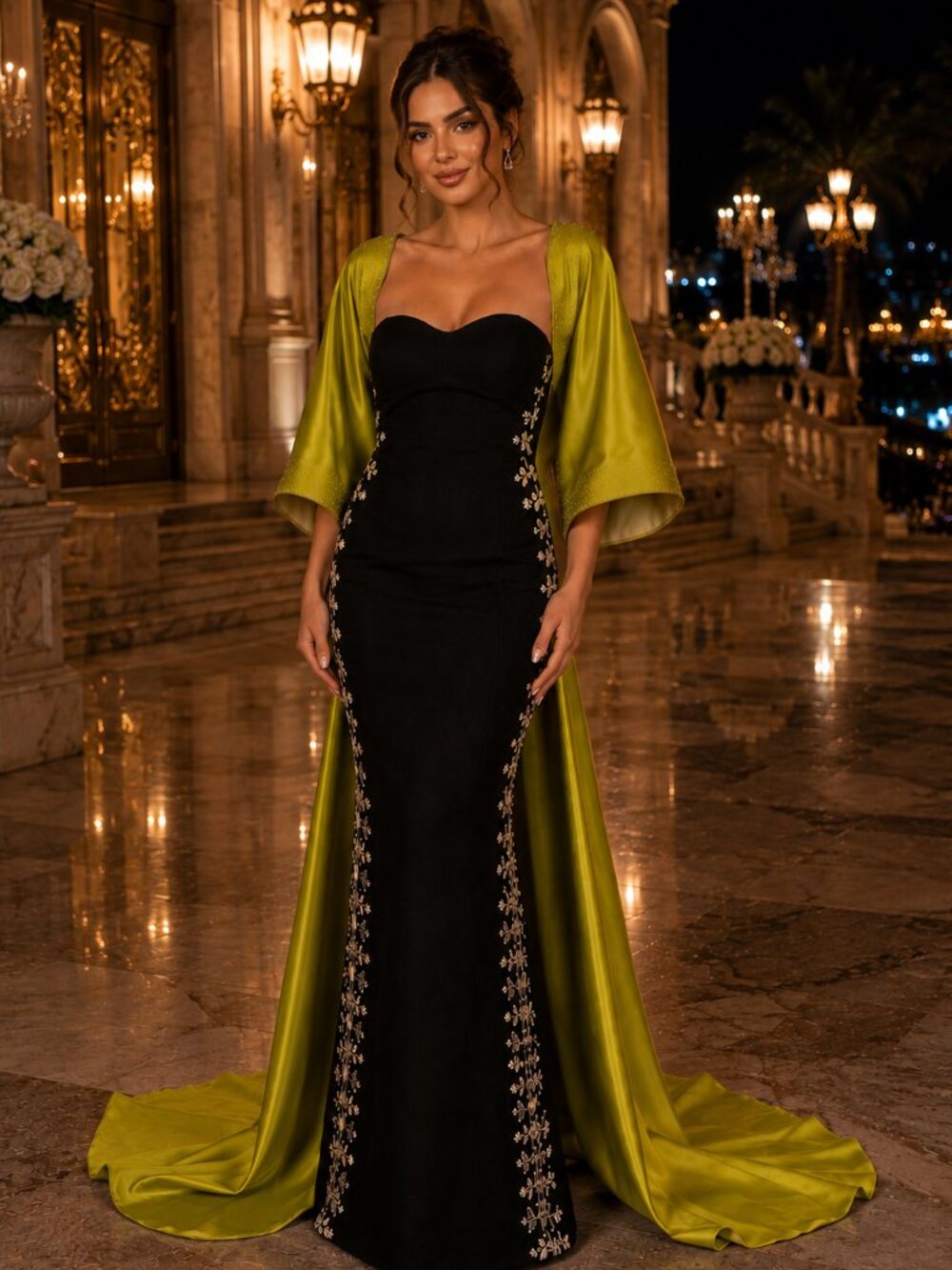 Black & Olive Green Evening Gown with Cape | Embroidered Formal Maxi Dress |